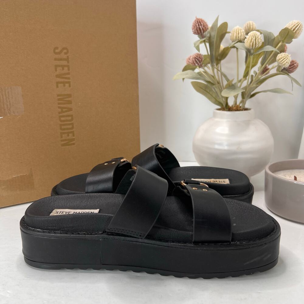 Steve Madden Brooklin Double Strap Sandal Black Gold Tone Buckles Women 9.5M - Picture 7 of 11